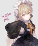  1girl absurdres aiming aiming_at_viewer black_corset black_dress black_gloves blonde_hair character_name collared_dress corset dress frilled_hairband frills girls&#039;_frontline gloves gothic_lolita gun hairband handgun highres holding holding_gun holding_weapon lolita_fashion long_hair looking_at_viewer martinreaction neck_ribbon orange_ribbon ppk_(girls&#039;_frontline) puffy_short_sleeves puffy_sleeves ribbon short_sleeves simple_background smile solo upper_body walther walther_ppk weapon white_background yellow_eyes 