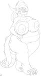  4_toes angela_(badgerben) anthro badgerben belly big_breasts big_nipples breasts claws dragon featureless_crotch feet female fingers hair hands_on_own_stomach hi_res horn monochrome nipples non-mammal_nipples open_mouth overweight overweight_anthro overweight_female solo standing tail toes tongue 