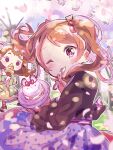  2girls brown_hair closed_mouth dress falling_petals floating_hair hair_ornament highres holding holding_ice_cream holding_spoon looking_at_viewer looking_to_the_side multiple_girls nonta0122 one_eye_closed petals polka_dot ponytail spoon tree utensil_in_mouth 