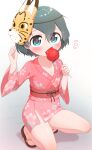  1girl absurdres aqua_eyes black_hair blush candy_apple chis_(js60216) floral_print food highres japanese_clothes kaban_(kemono_friends) kemono_friends kimono looking_at_viewer mask obi pink_kimono print_kimono sash serval short_hair short_kimono short_yukata solo squatting thighs yukata 