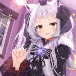  1girl animal_ear_fluff animal_ears arched_bangs brooch cat_ears crown divergenceok frilled_ribbon frilled_sleeves frills fur_trim gothic_lolita grey_hair hair_ribbon highres hololive jewelry lolita_fashion murasaki_shion murasaki_shion_(5th_costume) ribbon star_brooch twintails 