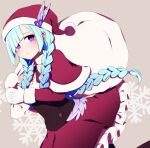  1girl absurdres alternate_hairstyle blue_hair braid brynhildr_(fate) capelet dress fate/grand_order fate_(series) frilled_dress frills fur-trimmed_headwear fur_trim highres looking_at_viewer purple_eyes red_capelet red_dress sack santa_costume snowflakes solo twin_braids you_(noanoamoemoe) 