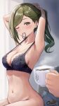  1boy 1girl absurdres arms_behind_head arms_up bare_shoulders black_bra blush bottomless bra breasts cleavage coffee_mug collarbone cup green_eyes green_hair hair_down highres idolmaster idolmaster_shiny_colors indoors lace-trimmed_bra lace_trim long_hair looking_at_viewer masuku_(saint_mask) medium_breasts mouth_hold mug nanakusa_hazuki navel one_eye_closed sitting smile strap_gap swept_bangs tying_hair underwear 