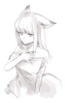  1girl animal_ear_fluff animal_ears arknights bare_shoulders breasts character_request closed_mouth collarbone dress e-bushi greyscale hand_up long_hair looking_away monochrome off-shoulder_dress off_shoulder short_sleeves simple_background small_breasts solo tail white_background 