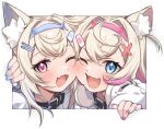  2girls animal_ear_fluff animal_ears belt_collar black_collar black_jacket blue_eyes blue_hair blue_nails blush collar dog_ears dog_girl fang fur-trimmed_jacket fur_trim fuwawa_abyssgard hair_ornament hairpin hololive hololive_english jacket long_hair looking_at_viewer medium_hair mococo_abyssgard multicolored_hair multiple_girls nail_polish one_eye_closed open_mouth pink_eyes pink_hair pink_nails siblings sisters skin_fang smile streaked_hair transparent_background twins virtual_youtuber vyolfers x_hair_ornament 