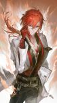  belt fire flame glasses highres holding holding_eyewear lab_coat low_ponytail mortefi_(wuthering_waves) name_tag red_eyes red_hair scales setsumiyzfl smoke wuthering_waves 