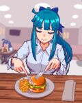  2girls aqua_hair blue_bow blue_hair bow burger closed_eyes closed_mouth collared_shirt commentary facing_viewer food french_fries hair_bow hcnone highres holding_utensil indoors long_sleeves multiple_girls office_lady original paper_towel penny_(hcnone) pixel_art plate ponytail shirt sidelocks skye_(hcnone) slicing smile solo_focus symbol-only_commentary table upper_body white_shirt wooden_table 