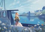  1girl blonde_hair blue_eyes blue_sky building cloud commission day dress flower hair_ribbon harucoro25 holding holding_flower house lake looking_at_viewer outdoors pixiv_commission red_ribbon reflection reflective_water ribbon sky solo sunflower violet_evergarden violet_evergarden_(series) water white_dress 