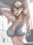  1girl armpits arms_behind_head arms_up backlighting bare_shoulders blonde_hair blush bra breasts cleavage collarbone grey_eyes highres kaminari_doon large_breasts long_hair looking_at_viewer mole mole_under_eye open_mouth original smile solo underwear white_bra 