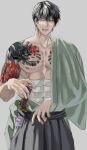  1boy bandages black_hair blue_eyes chest_tattoo cowboy_shot fushiguro_touji green_kimono grey_background hakama highres japanese_clothes jujutsu_kaisen kimono looking_at_viewer male_focus off_shoulder scar scar_on_face scar_on_mouth sheath sheathed short_hair simple_background solo standing sword tattoo weapon yofu_(0042_2400) 