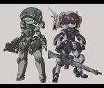  2girls full_body green_eyes grey_background gun highres holding holding_gun holding_weapon humanoid_robot kuruton486 letterboxed looking_at_viewer multiple_girls open_hand original red_eyes rifle robot science_fiction simple_background sniper_rifle weapon 