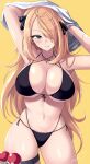  1girl alternate_eye_color arms_up bikini blonde_hair blue_eyes breasts clothes_lift commentary_request cynthia_(pokemon) hair_ornament highres kasai_shin large_breasts lifted_by_self long_hair looking_at_viewer navel parted_lips poke_ball poke_ball_(basic) pokemon pokemon_(game) pokemon_dppt shirt_lift signature simple_background solo stomach swimsuit thigh_strap thighs very_long_hair yellow_background 