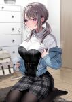  1girl backpack bag black_pantyhose blue_eyes blush breasts chest_of_drawers chigusa_minori commentary_request grey_hair highres indoors kneeling large_breasts long_hair long_sleeves pantyhose parted_lips saotome_shino_(shino_to_ren) shino_to_ren thighs translation_request twitter_username 