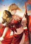 1girl absurdres aestus_estus ahoge armor backlighting blonde_hair blush braid breasts camisole fate/extra fate_(series) french_braid green_eyes hair_bun hair_intakes hair_ribbon highres jewelry kankitsurui_(house_of_citrus) large_breasts long_hair looking_at_viewer midriff navel necklace nero_claudius_(fate) nero_claudius_(fate/extra) pauldrons red_camisole red_ribbon red_skirt ribbon shoulder_armor single_pauldron skirt smile solo sword weapon 