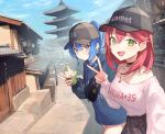  2girls bare_shoulders black_headwear blue_hair blue_hoodie blue_nails casual green_eyes heart heart_necklace high_ponytail highres holding hololive hood hoodie hoshimachi_suisei house japan jewelry looking_at_viewer multiple_girls necklace off-shoulder_shirt off_shoulder outdoors pink_hair pink_nails sakura_miko selfie shirt smile v vacation xyunx 