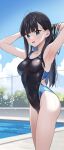  1girl arms_behind_head black_hair black_one-piece_swimsuit blue_sky breasts chain-link_fence cloud colored_inner_hair commentary_request covered_navel day eight_tohyama feet_out_of_frame fence green_eyes highres long_hair medium_breasts multicolored_hair one-piece_swimsuit original outdoors pool sky solo swimsuit two-tone_swimsuit wet wet_clothes wet_swimsuit 