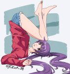  1girl absurdres alternate_costume alternate_hairstyle bare_legs barefoot blue_shorts blush breasts collarbone commentary dated english_commentary eyelashes feet full_body green_background grey_background highres large_breasts legs long_hair long_sleeves monogatari_(series) nightstark parted_lips purple_hair red_shirt senjougahara_hitagi shadow shirt short_shorts shorts sidelocks signature solo thighs toes twintails upside-down 