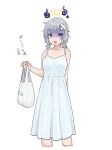  1girl arm_behind_back bag bare_shoulders blush cropped_legs crossed_bandaids dress fang grey_hair halo hand_up highres holding holding_bag long_hair looking_at_viewer open_mouth original plastic_bag purple_eyes simple_background sleeveless sleeveless_dress solo teshima_nari translation_request turn_pale white_background white_dress 