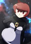  1girl 34_(sanjushi) breasts closed_mouth dress hair_between_eyes highres long_sleeves looking_at_viewer mars_(pokemon) pokemon pokemon_(game) pokemon_dppt red_eyes red_hair short_hair smile solo space star_(sky) team_galactic team_galactic_uniform 