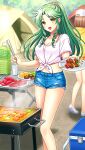  2girls :d bare_legs blue_shorts breasts cleavage collarbone day denim denim_shorts doukyuusei doukyuusei_another_world drill_hair floating_hair game_cg green_hair holding holding_plate long_hair medium_breasts midriff multiple_girls navel outdoors plate sakuma_chiharu shirt short_shorts short_sleeves shorts smile solo_focus stomach t-shirt tent tied_shirt white_shirt yellow_eyes 