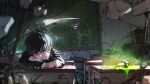  1boy aya_shiro423 bandages black_eyes black_hair blurry blurry_foreground broccoli chair chalkboard crack desk dripping gakuran highres indoors kageyama_shigeo long_sleeves mob_psycho_100 school_desk school_uniform short_hair solo takane_tsubomi transparent transparent_umbrella umbrella 