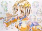  1girl breasts brown_eyes brown_hair bubble bubble_blowing hair_bobbles hair_ornament herohero highres marker_(medium) medium_breasts norma_beatty short_hair signature solo tales_of_(series) tales_of_legendia traditional_media very_short_hair white_background 