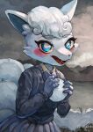  1girl :3 absurdres alolan_vulpix animal_ears animal_nose artist_name black_sweater blue_bow blue_bowtie blue_eyes blue_fur blush body_fur bow bowtie bright_pupils cloud cloudy_sky commentary_request day fangs flat_chest fox_ears fox_girl fox_tail furry furry_female grey_skirt grey_sky happy highres holding holding_snowball looking_at_viewer open_mouth outdoors pepper_gecko72 personification pleated_skirt pokemon pokemon_(creature) shirt_tucked_in short_hair signature skirt sky smile snout snow snowball solo standing sweater tail tongue twitter_username two-tone_fur upper_body white_fur white_hair white_pupils 