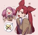  2girls :d anger_vein artist_name blush brown_background brown_sweater closed_eyes collared_shirt cone_hair_bun cropped_torso ezreal facing_viewer flying_sweatdrops hair_bun hands_up highres jinx_(league_of_legends) league_of_legends long_hair long_sleeves lux_(league_of_legends) multiple_girls necktie red_eyes red_necktie shirt smile speech_bubble star_guardian_(league_of_legends) star_guardian_jinx star_guardian_lux sweater teeth tongue tongue_out twintails upper_teeth_only wosashimi 