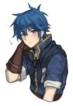  1boy blue_eyes blue_hair blue_scarf blush collared_shirt fire_emblem fire_emblem:_new_mystery_of_the_emblem gloves highres kris_(male)_(fire_emblem) leather leather_gloves scarf shirt short_sleeves solo upper_body zuzu_(ywpd8853) 