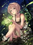  1girl bare_legs bare_shoulders breasts bug cleavage dress fireflies firefly flower green_eyes grey_dress kink_(tortoiseshell) light_brown_hair light_smile nature night original outdoors parted_lips short_hair sitting sky sleeveless sleeveless_dress small_breasts solo star_(sky) starry_sky 