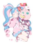 1girl blue_hair blue_skirt cellphone choker fairy_miku_(project_voltage) flower gyaru hair_flower hair_ornament hatsune_miku heart highres jigglypuff long_hair long_sleeves multicolored_hair phone pillow pink_eyes pink_hair pink_nails pink_sweater pokemon pokemon_(creature) project_voltage simple_background skirt smartphone solo streaked_hair sweater taking_picture twintails v very_long_hair vocaloid white_background yuuli_(tuna221022) 