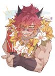 1boy animal_ears artist_name bebseo black_gloves fangs fingerless_gloves flower flower_neckwear gloves hair_between_eyes highres leaf league_of_legends looking_at_viewer male_focus muscular muscular_male pointing pool_party_sett red-tinted_eyewear red_hair sett_(league_of_legends) short_hair simple_background solo sunglasses tinted_eyewear upper_body white_background white_flower yellow_eyes yellow_flower 