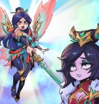  2girls annoyed black_hair black_pantyhose breasts cleavage colored_skin detached_sleeves earrings flying fur-trimmed_sleeves fur_trim hair_bun hair_ornament holding holding_sword holding_weapon immortal_journey_kayle jewelry kayle_(league_of_legends) league_of_legends long_hair long_sleeves lunar_wraith_morgana medium_hair morgana_(league_of_legends) multiple_girls open_mouth pantyhose phantom_ix_row pink_skin red_eyes siblings sisters sword teeth tongue tongue_out upper_teeth_only weapon 