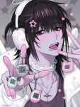  1boy black_hair black_shirt choker game_over gyuing666 hair_ornament hairclip halo headphones highres jacket male_focus medium_hair open_clothes open_jacket open_mouth original piercing pink_nails pink_theme shirt solo tongue tongue_out upper_body white_choker white_jacket 