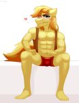  2023 5_toes anthro artist_name blonde_hair blush bottomwear braeburn_(mlp) brown_clothing brown_topwear brown_vest bulge clothed clothing colored digital_drawing_(artwork) digital_media_(artwork) earth_pony equid equine feet fingers friendship_is_magic full-length_portrait fur green_eyes grin hair hasbro hi_res horse humanoid_feet long_hair long_tail looking_at_viewer male mammal multicolored_hair muscular muscular_male my_little_pony nipples object_in_mouth orange_hair orange_tail pants plantigrade pony portrait red_bottomwear red_clothing red_pants rtootb shaded signature simple_background sitting smile solo tail toes topwear two_tone_hair two_tone_tail underwear vest white_background yellow_body yellow_fur yellow_tail 