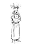  anthro antlers bible black_and_white christian_cross christian_symbol christianity clothing cross deer digital_drawing_(artwork) digital_media_(artwork) footwear fur greyscale hair hi_res hladilnik holding_object horn male mammal monochrome religion robe sandals shaded simple_background sketch smile solo tall_image 