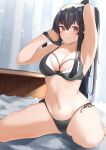  1girl arms_behind_head artist_request bed bikini black_bikini black_hair breasts cleavage curtains highres kantai_collection large_breasts long_hair looking_at_viewer ponytail red_eyes side-tie_bikini_bottom sitting solo swimsuit very_long_hair wariza yahagi_(kancolle) 