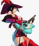  1girl absurdres aqua_eyes artist_name bare_shoulders black_choker black_gloves black_hair blunt_bangs blunt_ends bob_cut boots breasts choker cleavage_cutout closed_mouth clothing_cutout cowboy_shot detached_sleeves dress electric_guitar fidus fingerless_gloves fingernails from_side gloves guilty_gear guilty_gear_strive guitar hat highres i-no instrument light_smile looking_down medium_breasts music o-ring outline playing_instrument red_dress red_footwear red_headwear red_leather red_lips red_sleeves shiny_clothes short_dress short_hair simple_background solo thick_lips thigh_boots thighs white_background witch_hat 