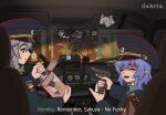  5girls absurdres alternate_costume artist_name blonde_hair blue_dress blue_eyes blue_hair box braid call_of_duty call_of_duty:_modern_warfare_2 car_interior cirno closed_eyes closed_mouth commentary daiyousei dress duhota english_text eyewear_removed fairy_wings fangs fumo_(doll) graffiti green_hair grey_hair gun handgun hat highres holding holding_box holding_gun holding_knife holding_weapon ice ice_wings izayoi_sakuya kitchen_knife knife light_purple_hair long_sleeves looking_at_another medium_hair meme multiple_girls no_russian_(meme) open_mouth peaked_cap photo_(object) police police_badge police_uniform policewoman purple_hair rear-view_mirror reflection remilia_scarlet rumia russia russian_text short_hair sitting smile standing stopwatch subtitled sunglasses touhou translation_request uniform vampire weapon weapon_request wings 