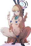  1girl animal_ears blonde_hair blue_archive blue_bow blue_bowtie blue_eyes blue_footwear bow bow_(bhp) bowtie breasts closed_mouth double_v fake_animal_ears full_body halo heart_pasties high_heels long_hair medium_breasts navel pasties rabbit_ears simple_background solo squatting thighhighs toki_(blue_archive) toki_(bunny)_(blue_archive) v very_long_hair white_background white_thighhighs wrist_cuffs 
