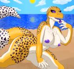  absurd_res anthro beach big_breasts blue_dingolf breasts claws eublepharid eyelashes female forked_tongue freckles gecko hi_res leopard_gecko lizard looking_at_viewer nipples nude open_mouth piercing purple_eyes purple_nipples purple_tongue reptile sand scalie sea seaside sharp_teeth spots tail teeth thick_tail thick_thighs tongue tongue_out tongue_piercing water yellow_body 