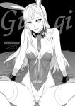 1girl animal_ears arm_support artist_name breasts breasts_apart character_name cover cover_page covered_navel covered_nipples detached_collar doujin_cover fake_animal_ears gigi_andalusia greyscale gundam gundam_hathaway&#039;s_flash highleg highleg_leotard highres leotard lipstick long_hair looking_at_viewer makeup medium_breasts monochrome necktie playboy_bunny rabbit_ears satou_shouji solo spread_legs thighhighs thighs very_long_hair wrist_cuffs 