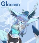  anthro arms_stretched blue_body blue_clothing blue_eyes blue_hair clothing crop_top dolphin_shorts eeveelution female generation_4_pokemon glaceon hair hands_behind_head hi_res inner_ear_fluff multicolored_hair navel nintendo one_eye_closed patrasche99 pokemon pokemon_(species) shirt solo stretching topwear translucent translucent_clothing tuft two_tone_hair 