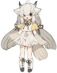  0v0xxx 1girl boots bow bowtie brown_bow brown_bowtie brown_eyes collared_shirt detached_sleeves dress frilled_dress frills hair_between_eyes hair_over_one_eye highres kemono_friends knee_boots long_hair ox_ears ox_girl ox_horns ox_tail shirt short_sleeves sidelocks solo t-shirt twintails white_dress white_footwear white_hair white_sleeves yak_(kemono_friends) yellow_shirt 