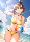  1girl atelier_(series) atelier_ryza atelier_ryza_2 ball beach beachball bikini braid breasts brown_eyes brown_hair earrings hand_up highres holding holding_ball holding_beachball jewelry key_necklace large_breasts lens_flare looking_at_viewer medium_hair necklace official_alternate_costume outdoors reisalin_stout rojiko_(275026) side-tie_bikini_bottom single_earring smile solo star_(symbol) star_earrings swimsuit thigh_gap w waves yellow_bikini 