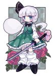  1girl blue_eyes blush closed_mouth grey_hair harunori_(hrnrx) highres hitodama konpaku_youmu konpaku_youmu_(ghost) short_hair solo touhou 