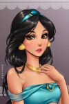  1girl absurdres aladdin_(disney) artist_name black_hair blue_tube_top brown_eyes earrings highres jasmine_(disney) jewelry long_hair looking_at_viewer mari945 necklace portrait simple_background solo strapless tube_top 
