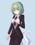 1girl alternate_costume black_jacket black_necktie blue_background breasts collared_shirt commentary formal ghost_tail green_eyes green_hair highres jacket lightning_bolt_symbol long_sleeves looking_at_viewer necktie pygrenix shirt short_hair simple_background soga_no_tojiko solo touhou white_shirt 