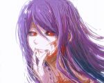  1girl astronut_zzz black_sclera blood blood_on_face colored_sclera finger_to_mouth grin hand_to_own_mouth hand_up kamishiro_rize pink_eyes portrait red_eyes simple_background smile solo teeth tokyo_ghoul white_background 