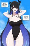  1girl :d absurdres areola_slip ass_visible_through_thighs asymmetrical_horns black_hair black_horns black_nails black_one-piece_swimsuit blue_hair blue_sky breasts cleavage cloud covered_navel day daydarion english_text groin highleg highleg_swimsuit highres hololive hololive_english horns large_breasts long_hair mole mole_under_eye nerissa_ravencroft one-piece_swimsuit open_mouth outdoors red_eyes sky smile solo speech_bubble swimsuit undressing untied_swimsuit untying very_long_hair virtual_youtuber 
